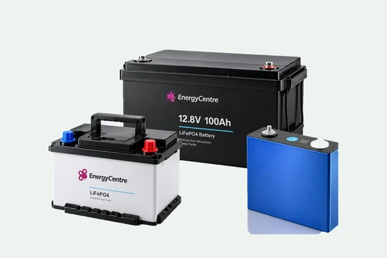 EnergyCentre 유통 배터리 3종 — 시동용 배터리 · 12.8V 100Ah 배터리팩 · 산업용 리튬인산철 셀